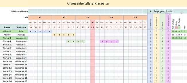 Anwesenheitsliste Grundschule