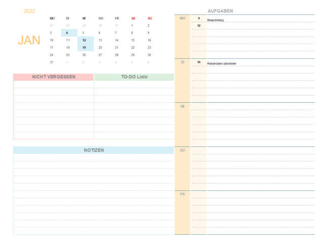 Aufgabenplaner mit Kalender, Notizen und To-Do Liste