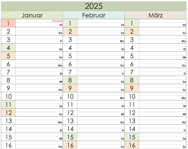 Drei Monatskalender 2025