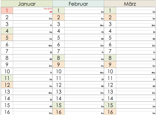 Drei Monatskalender 2025