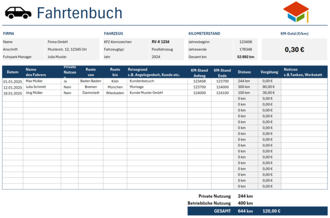 Fahrtenbuch - Vorlage