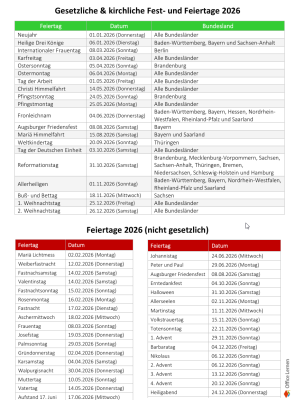 Feiertage 2026 in Deutschland