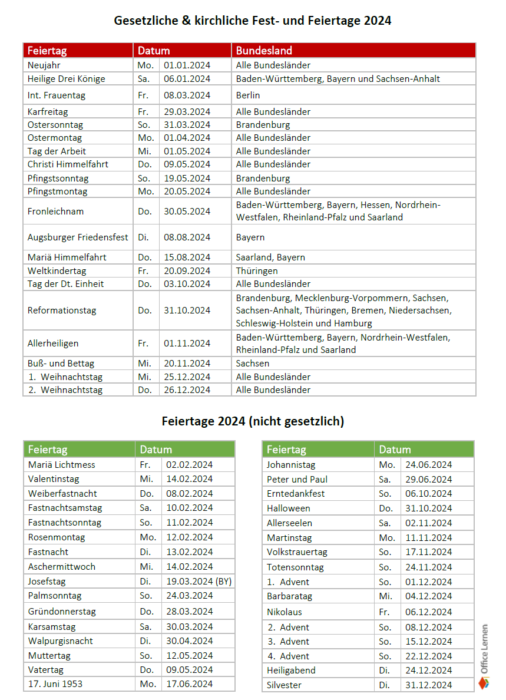 Feiertage 2024 in Deutschland - Office-Lernen.com
