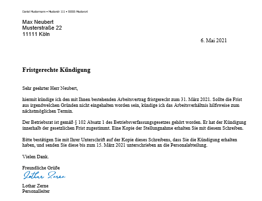 Fristgerechte Kündigung Arbeitgeber