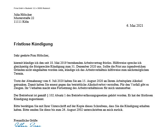 Fristlose Kündigung Arbeitgeber