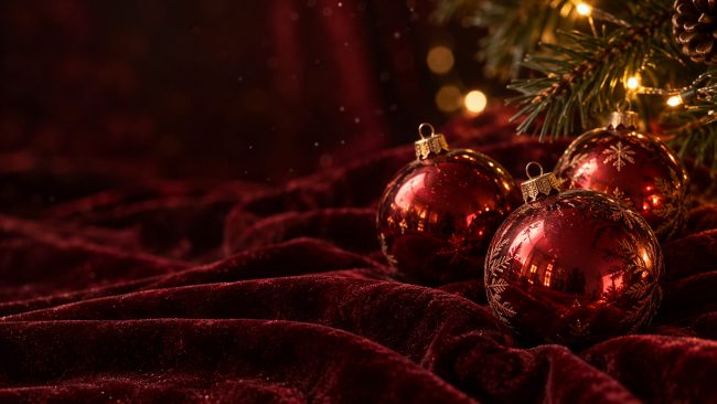 Rote Weihnachtskugeln auf dunkelrotem Samt mit warmen Lichtern
