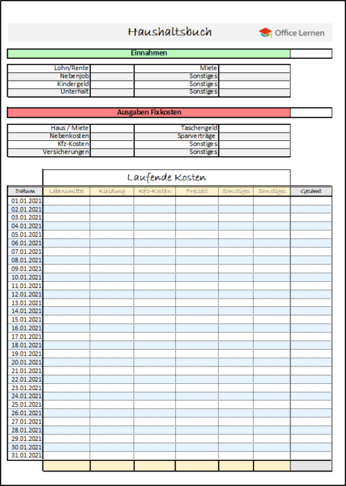 Excel Haushaltsbuch Vorlage mit Einnahmen Fixkosten und Tabelle für laufende Kosten 2021