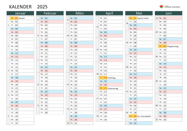 Jahreskalender 2025 mit Feiertagen (2 Seiten)