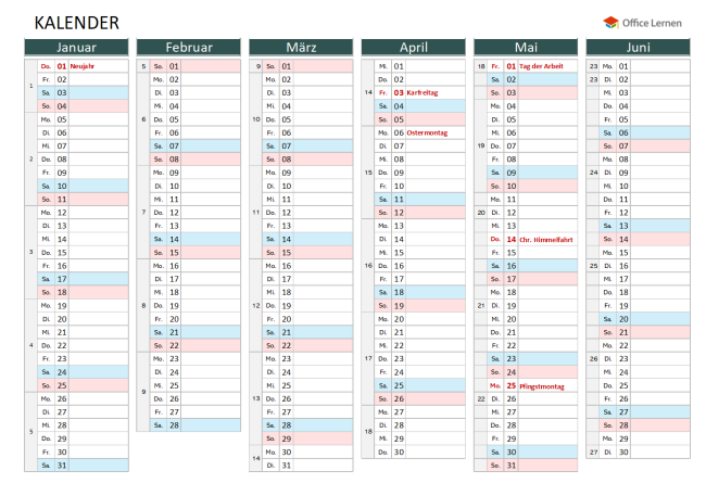 Jahreskalender mit Feiertagen