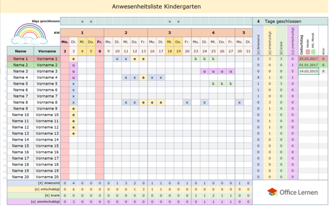 Kindergarten Anwesenheitsliste Excel