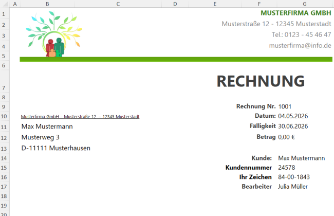 Kopfzeile Rechnungsvorlage