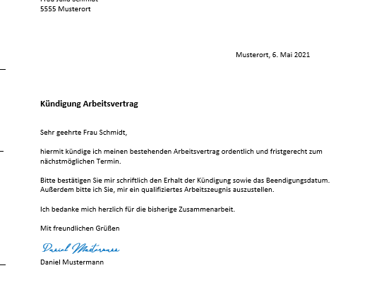 Kündigung Arbeitsvertrag mit Bestätigung