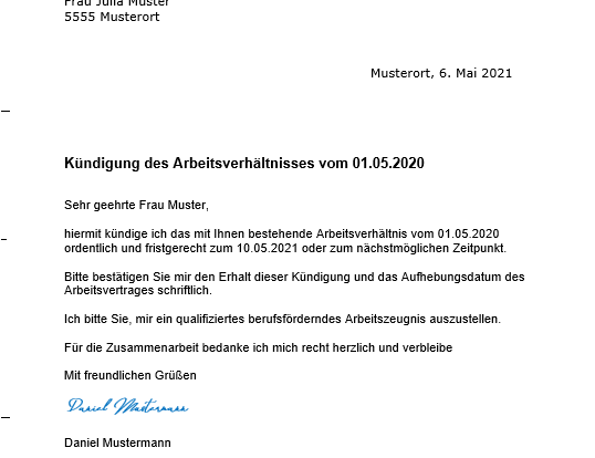 Kündigung des Arbeitsverhältnisses Arbeitnehmer