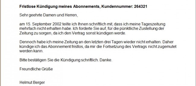 Word Vorlage für die fristlose Kündigung eines Zeitungsabonnements mit Musterbrief