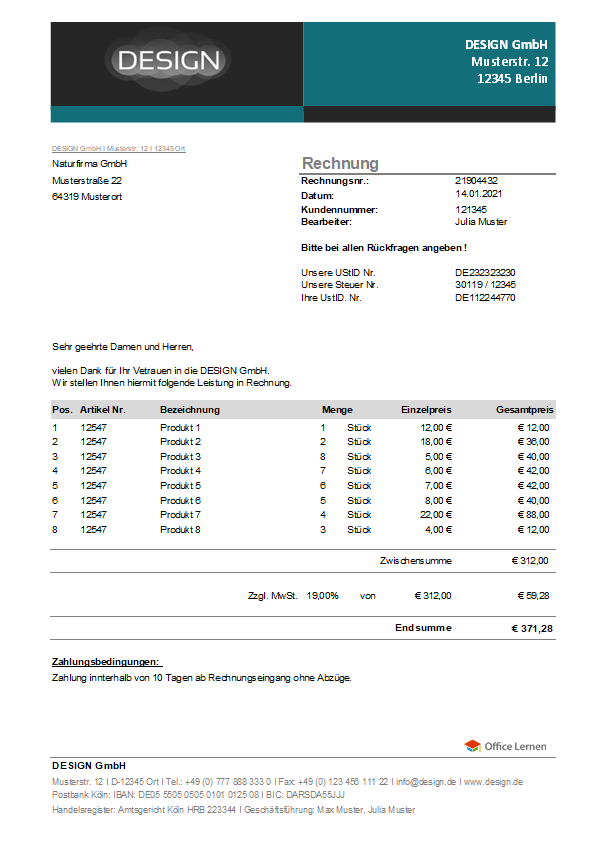 Rechnungsvorlagen Und Muster Zum Herunterladen Office Lernen Com