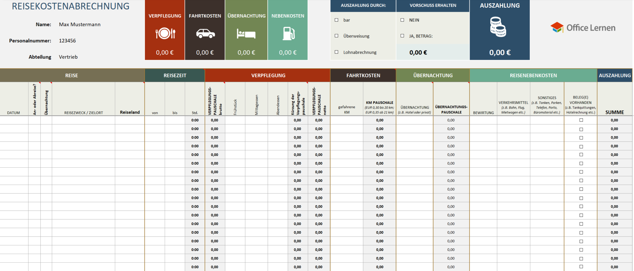 Excel Reisekostenabrechnung Vorlage für Inland und Ausland Office