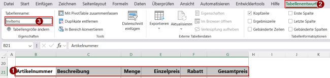 Tabellennamen eingeben
