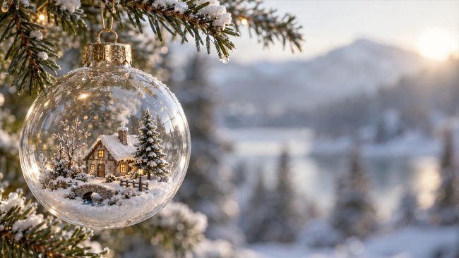 Glaskugel mit kleinem verschneitem Winterhaus und Tannenbaum
