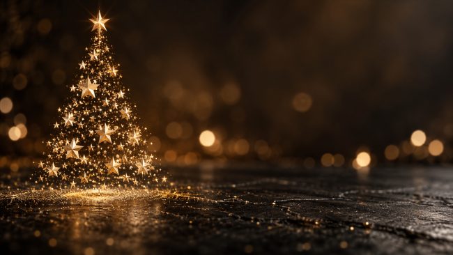 Leuchtender Weihnachtsbaum aus goldenen Sternen vor dunklem Hintergrund