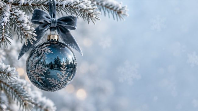 Blaue Weihnachtskugel mit Samtschleife an einem verschneiten Zweig