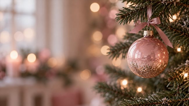 Rosa Weihnachtskugel mit Schleife an einem Tannenzweig