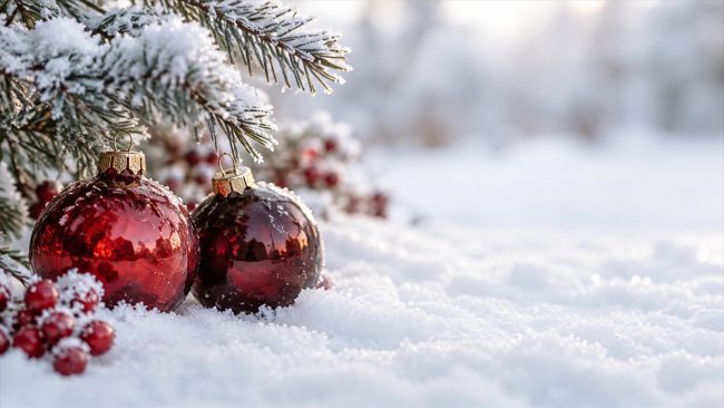 Zwei rote Weihnachtskugeln im Schnee unter bereiften Tannenzweigen