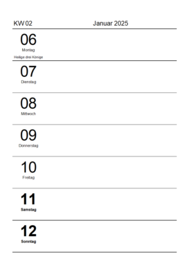 Wochenkalender mit Feiertagen 2025