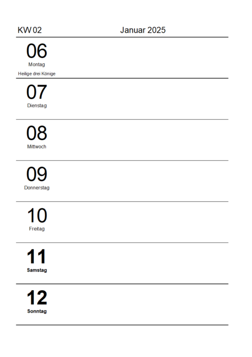 Wochenkalender mit Feiertagen 2025