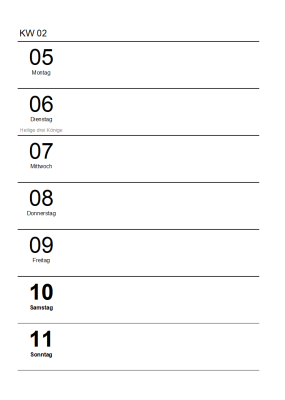 Wochenkalender mit Feiertagen