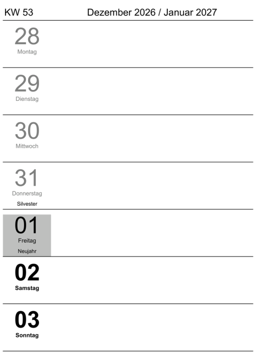 Wochenkalender mit Feiertagen