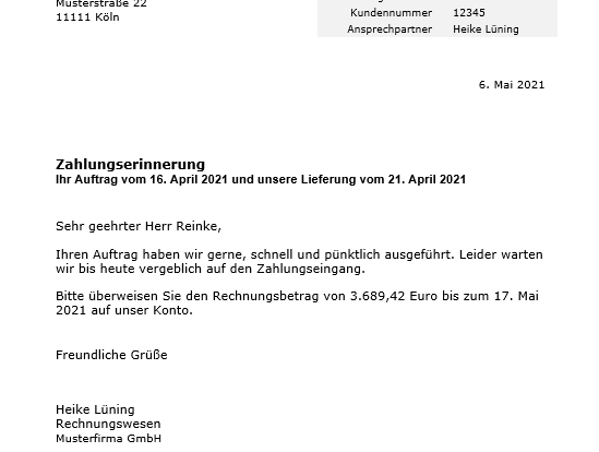 Zahlungserinnerung Lieferung