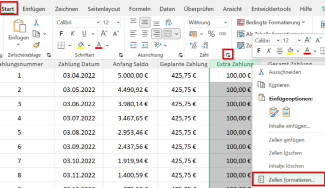 Zellen formatieren