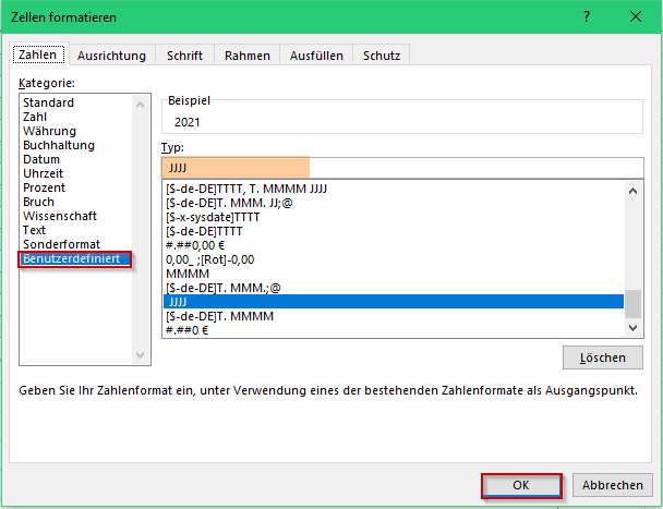 Zellen formatieren Jahr