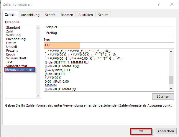 Zellen formatieren Wochentag