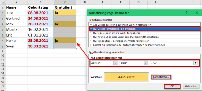 Zellen formatieren die enthalten