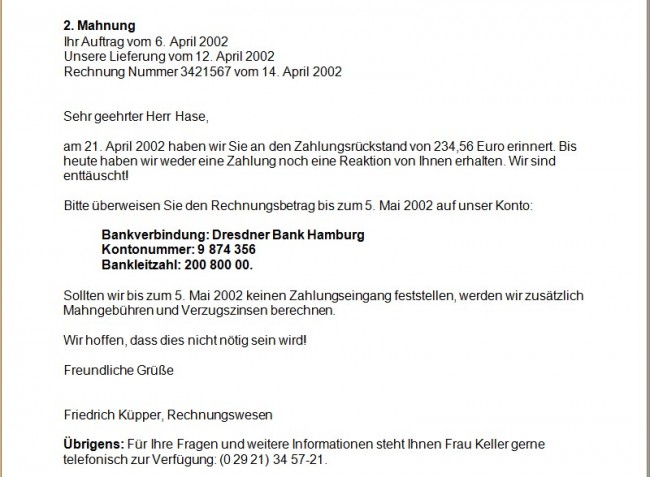 Word Vorlage für eine zweite Mahnung mit Zahlungsfrist und Musterkonto