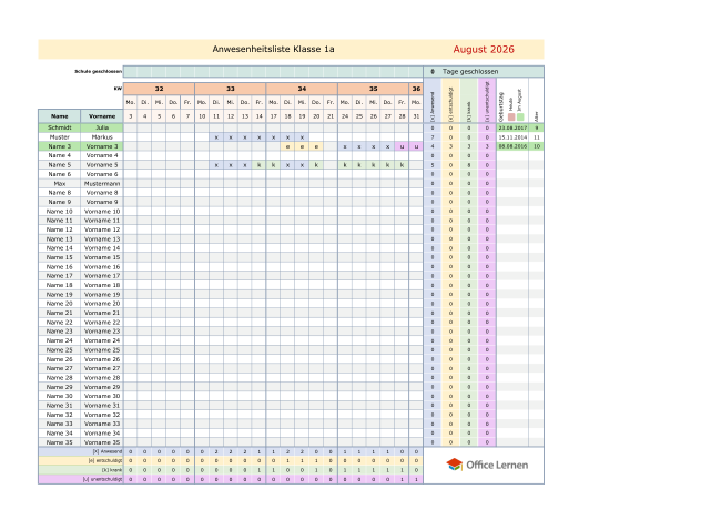 Excel-Anwesenheitsliste für eine Grundschulklasse, Monatsblatt August mit Kalenderwoche, Namensspalte und Zählern für anwesend, entschuldigt, krank und unentschuldigt
