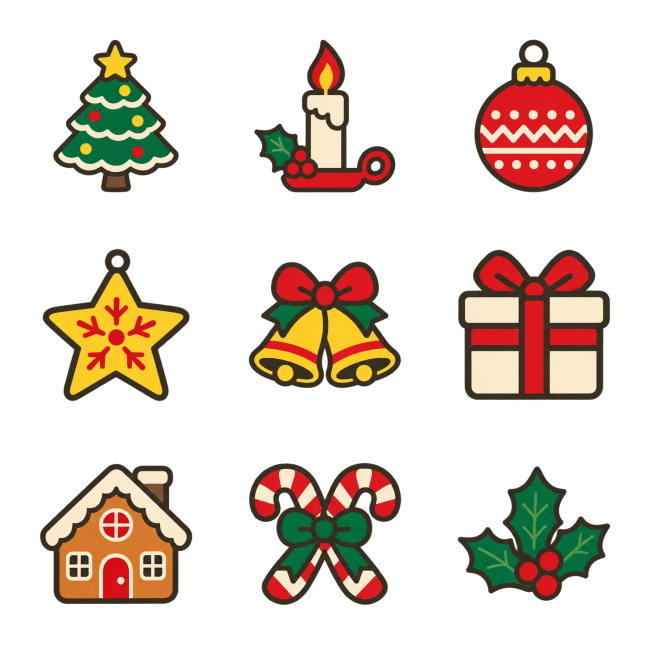 Neun klassische Weihnachts-Icons: Weihnachtsbaum, Kerze, Christbaumkugel, Stern, Glocken, Geschenk, Lebkuchenhaus, Zuckerstangen und Stechpalmenzweig, je 512 Pixel groß