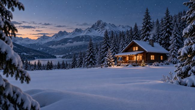 Beleuchtete Holzhütte im verschneiten Alpenwald bei Sonnenaufgang