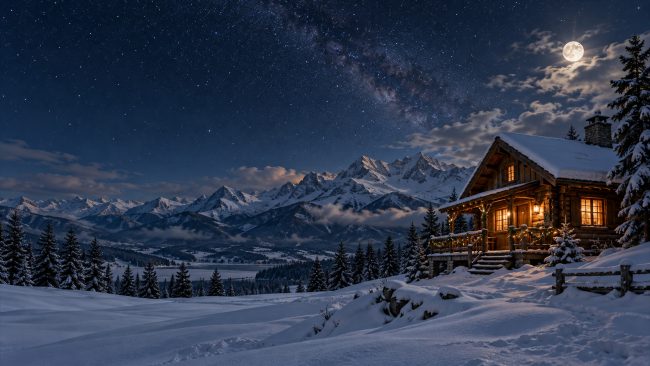 Beleuchtete Berghütte im Schnee unter einem klaren Sternenhimmel
