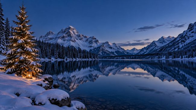 Beleuchteter Weihnachtsbaum an einem Bergsee vor verschneiten Gipfeln