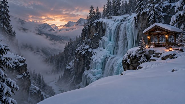 Gefrorener Wasserfall in einer verschneiten Bergschlucht mit beleuchtetem Holzpavillon