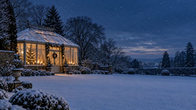 Beleuchteter Glaspavillon mit Weihnachtsbaum und Girlanden in einem verschneiten Garten bei Nacht