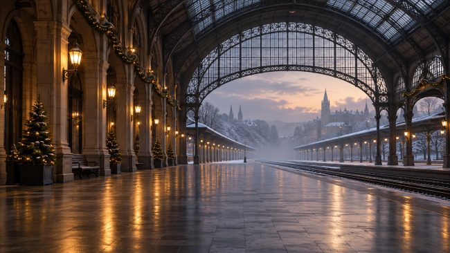 Leerer historischer Bahnhof mit Weihnachtsgirlanden und verschneiten Gleisen