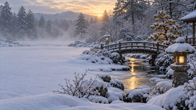 Verschneiter japanischer Garten mit Holzbrücke, Steinlaternen und beleuchtetem Kiefernbaum