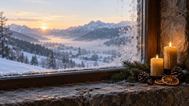 Bienenwachskerzen, Tannenzweig und getrocknete Orangenscheiben an einem frostigen Bergfenster