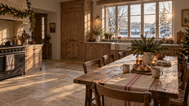 Helle Landhausküche mit Weihnachtsbaum, Holztisch und winterlichem Fensterblick