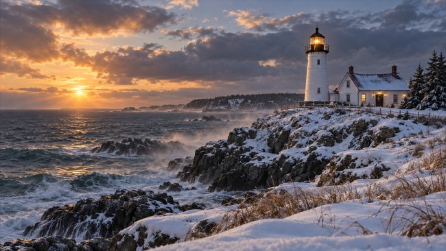 Verschneiter Leuchtturm an einer felsigen Küste im goldenen Morgenlicht