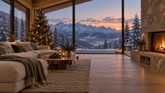 Modernes Chalet mit Weihnachtsbaum, Kamin und Blick auf verschneite Berge