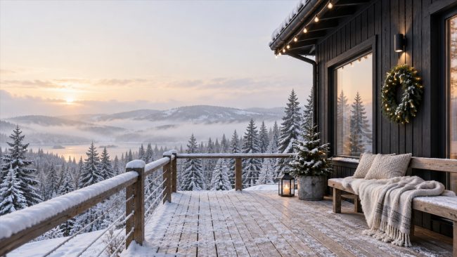 Verschneite Holzveranda mit Bank, Decken und dezenter Weihnachtsdekoration